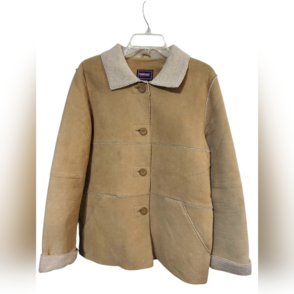 3043) Vtg Y2K Bubblegum Tan & Cream Leather Sherpa Button Front Jacket  Medium